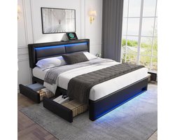 Boxspring Bed - Gestoffeerd Bed - Opbergen en Ontspannen - Geïntegreerde USB en LED - 140x200 cm - Zwart