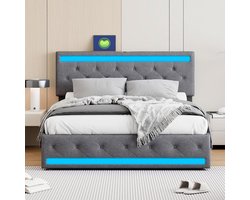 Boxspring Bed - Gestoffeerd Bed - Slaapkamer Opbergen - Verstelbaar Hoofdbord - 140x190cm - Donkergrijs
