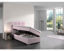 Boxspring Bed Malaga Roze Velvet 90x200 cm Met opbergruimte - boxspring met opbergruimte - Bed met opbergruimte - eenpersoonsbed zetelsenbedden