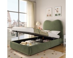 Boxspring Bed Met Opbergruimte - Kinderbed 90x200 Groen Velvet Hydraulisch Bedframe