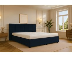 Boxspring Bed met Opbergruimte Modena 140x200 cm Donkerblauw Luxe Pocketvering Matras Stof Gratis 2x Hoofdkussens