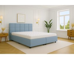 Boxspring Bed met Opbergruimte Modena 180x200 cm Lichtblauw Luxe Pocketvering Matras Stof Gratis 2x Hoofdkussens