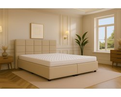 Boxspring Bed met Opbergruimte Modena 180x210 cm Beige Luxe Pocketvering Matras Stof Gratis 2x Hoofdkussens