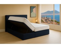 Boxspring Bed met Opbergruimte Napoli 80x200 cm donkerblauw Luxe Pocketvering Matras Stof Gratis 2x Hoofdkussens