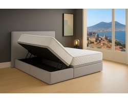 Boxspring Bed met Opbergruimte Napoli 90x200 cm lichtgrijs Luxe Pocketvering Matras Stof Gratis 2x Hoofdkussens
