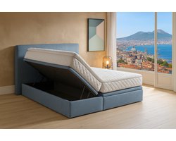 Boxspring Bed met Opbergruimte Napoli 90x210 cm lichtblauw Luxe Pocketvering Matras Stof Gratis 2x Hoofdkussens