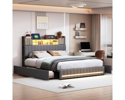 Boxspring bed met opbergvakken en LED-verlichting 160 x 200 cm Grijs