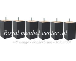 Boxspring Bedden Meubelpoten Set Wengè koloniaal 6 stuks Vierkanten houten hoogte 12cm (M8) Donkerbruin kleur Royalmeubelcenter.nl ®