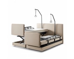 Boxspring CareLift – Hoog-Laag Bed 2-persoons Elektrisch Verstelbaar 160x200 cm – Verzorgingsbed / Seniorenbed – incl. voetbord, zijpanelen & papegaai – Beige