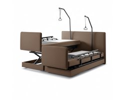 Boxspring CareLift – Hoog-Laag Bed 2-persoons Elektrisch Verstelbaar 200x210 cm – Verzorgingsbed / Seniorenbed – incl. voetbord, zijpanelen & papegaai – Bruin