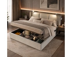 Boxspring Gestoffeerd Bed 160x200 cm met Leeslamp & Oplaadfunctie,Tweepersoonsbed met Lattenbodem en Hydraulische Hendel,Opbergbed, gestoffeerd bedframe,Linnen,grijs,Zonder Matras