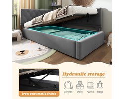Boxspring Hoekbed 90x200 cm met Hydraulische Opbergruimte en Lattenbodem – L-vormig Gestoffeerd Fluwelen Eenpersoonsbed met Hoofdeinde, Modern Design, Grijs – HomebyNicole