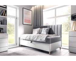 boxspring junior - 90x200- grijs +wit- met vaste matras - bed of sofa zetel met opbergruimte en topper 4cm