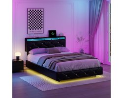 Boxspring met Opbergruimte 140x200 cm - Zwevend Bed met LED en USB - Verstelbaar Hoofdbord