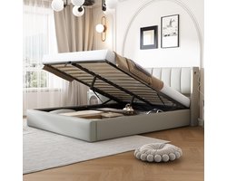 Boxspring met Opbergruimte en Lattenbodem, 160 x 200 cm, Grijze PU Bekleding
