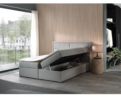 Boxspring Met opbergruimte Grijs - 140x200 grijs stof - Boxspring compleet met Vaste matras en topper - Soro / Bed met opbergruimte