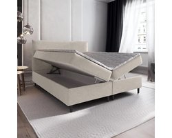 Boxspring met Opbergruimte Milou - 140x200 cm - Bonellvering - Stof Beige - 2-Persoons