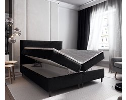 Boxspring met Opbergruimte Milou - 140x200 cm - Bonellvering - Stof Zwart - 2-Persoons