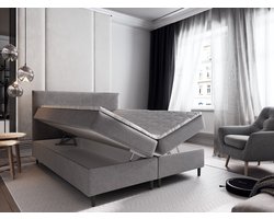 Boxspring met Opbergruimte Milou - 160x200 cm - Bonellvering - Stof Grijs - 2-Persoons