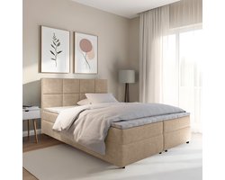 Boxspring met opbergruimte Sam - 140x200 cm - Beige - Inclusief Topper - Bed met Opbergruimte - Opberg boxspring - Bonellvering tot 100 kg - Beddenbriljant