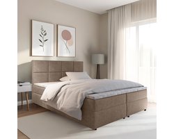 Boxspring met opbergruimte Sam - 140x200 cm - Taupe - Inclusief Topper - Bed met Opbergruimte - Opberg boxspring - Bonellvering tot 100 kg - Beddenbriljant