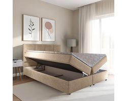 Boxspring met opbergruimte Sam - 180x200 cm - Beige - Inclusief Topper - Bed met Opbergruimte - Opberg boxspring - Bonellvering tot 100 kg - Beddenbriljant