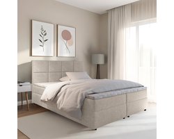 Boxspring met opbergruimte Sam - 180x200 cm - Creme / Lichtbeige - Inclusief Topper - Bed met Opbergruimte - Opberg boxspring - Bonellvering tot 100 kg