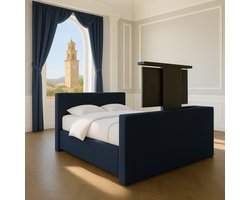 Boxspring met TV-lift Monza 200x200 cm stof Donkerblauw Luxe pocketvering Gratis 2x Hoofdkussens