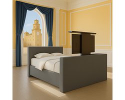 Boxspring met TV-lift Monza Luxe pocketvering stof, 160x200 cm, grijs Gratis 2x Hoofdkussens