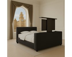 Boxspring met TV-lift Monza Luxe pocketvering stof, 180x210 cm, antraciet Gratis 2x Hoofdkussens