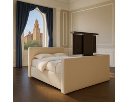 Boxspring met TV-lift Monza Luxe pocketvering stof, 200x200 cm, beige Gratis 2x Hoofdkussens