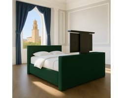 Boxspring met TV-lift Monza Luxe pocketvering stof, 200x200 cm, donkergroen Gratis 2x Hoofdkussens