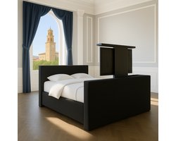 Boxspring met TV-lift Monza Luxe pocketvering stof, 200x200 cm, zwart Gratis 2x Hoofdkussens