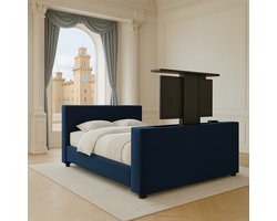 Boxspring met TV-lift Monza Luxe pocketvering Stof met Gratis 2x Hoofdkussens 200x190 cm donkerblauw