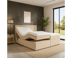 Boxspring Napoli Elektrisch verstelbaar Luxe pocketvering Stof 180x200 cm beige Gratis 2x Hoofdkussens