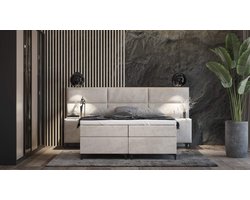 boxspring sapri- 180x200- beige velvet- met vaste matras en topper 4cm- met opbergruimte- xl hoofdbord