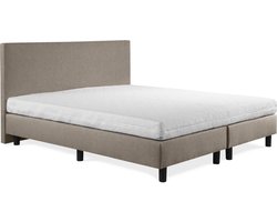 Boxspring Sofia luxe lederlook taupe 70x190 incl. wit matras, hoofdbord glad uitgevoerd.