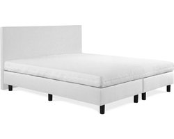 Boxspring Sofia luxe lederlook wit 90x200 incl. wit matras, hoofdbord glad uitgevoerd.