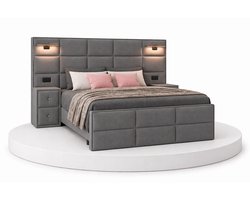 Boxspring Veloura - 160x200 Compleet - Met nachtkastjes - Grijs - Ledjes & Stopcontacten - BalBedden