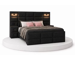 Boxspring Veloura - 180x200 Compleet - Met nachtkastjes - Zwart - Ledjes & Stopcontacten - BalBedden