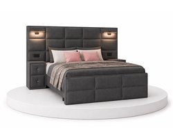 Boxspring Veloura - 180x210 Compleet - Met nachtkastjes - Antraciet - Ledjes & Stopcontacten - BalBedden