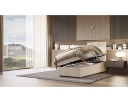 boxspring venus 90x200cm - Beige velvet compleet bed met opbergruimte- eenpersoonsbed inclusief comfort schuim topper 4cm-