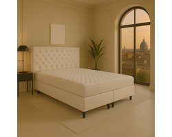 Boxspring vlak Roma 200x200 cm Luxe Pocketvering Stof sand Gratis 2x Hoofdkussens