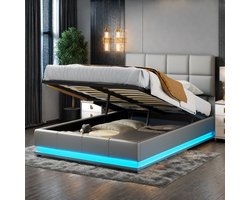 Boxspringbed 140x200 cm met LED Verlichting & Hydraulische Opbergruimte, Lattenbodem, Kunstleer Grijs, Tweepersoonsbed Volwassenen & Jeugd