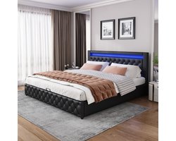 Boxspringbed 140x200 cm - Opklapbaar bedframe - Zwart PU-kunstleer - Verstelbare LED-verlichting - Ruime opbergruimte - Houten lattenbodem - Klassiek modern design