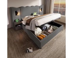 Boxspringbed 180x200 met Opbergruimte en Verlichte Hoofdeinde - Gestoffeerd Dubbel Bed in Grijs