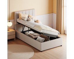 Boxspringbed 90x200 cm met Opbergruimte, Beige Stoffen Bedframe met Hoofdeinde, Comfortabel Eenpersoonsbed voor Slaapkamer