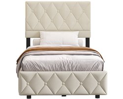 Boxspringbed – Boxspring – Tweepersoonsbed – Opbergbed – Slaapbank – Hydraulische Opbergruimte – Button-Tufted Hoofdbord – 90x200 cm Beige