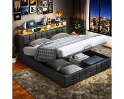 Boxspringbed Gestoffeerd Bed 160x200 cm met LED en USB,Tweepersoonsbed met Lattenbodem en Hydraulische Hendel,Opbergbed, gestoffeerd bedframe,PU,Zwart,Zonder Matras