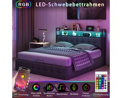 Boxspringbed Gestoffeerd bed 160x200 cm met LED & Opbergruimte – Tweepersoonsbed met USB-Stopcontacten en Gasveer – Linnen Grijs – Zonder Matras